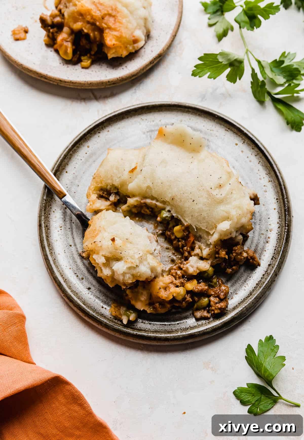 A delicious serving of Easy Shepherd's Pie on a gray plate, garnished with fresh parsley, presented on a pristine white background.