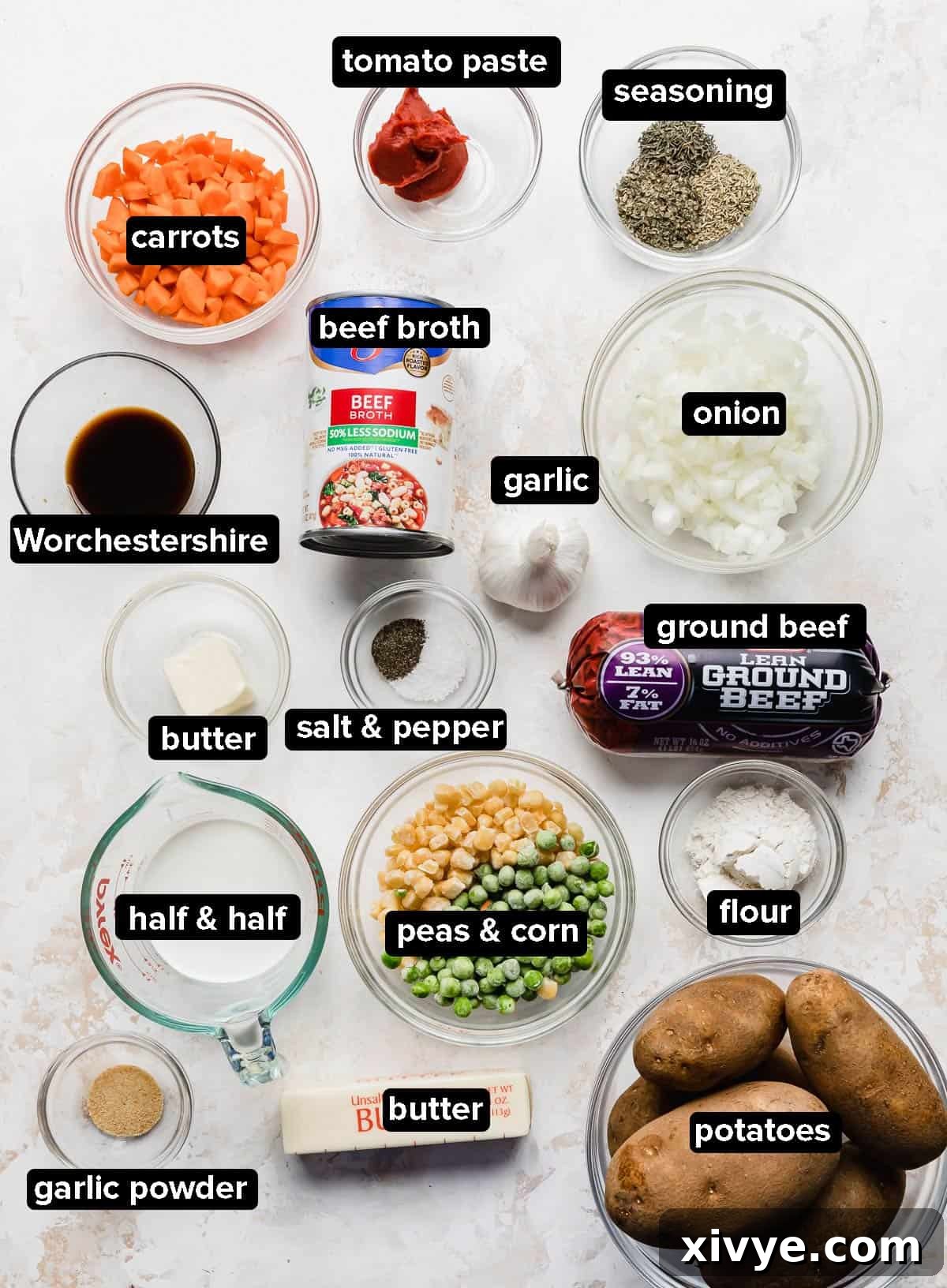 Various ingredients for Easy Shepherd's Pie, meticulously portioned into clear glass bowls on a clean white background.