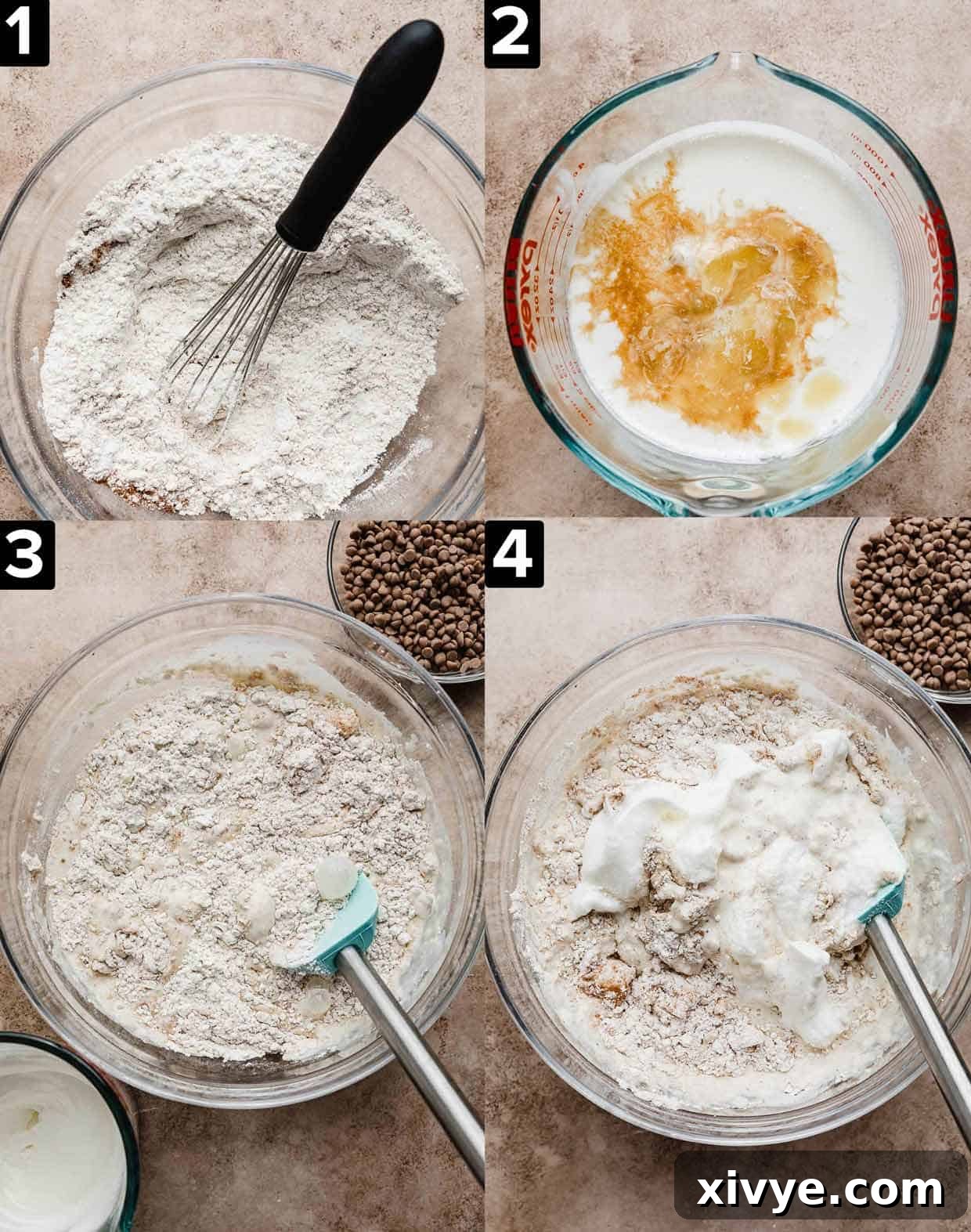 Four images showing how to make pancakes with cinnamon chips, a large glass bowl with dry ingredients and then wet ingredients mixed in.
