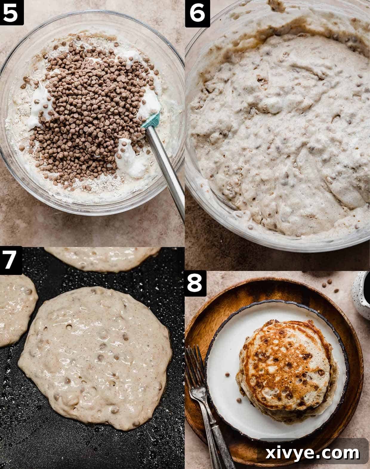 Four images, top left has mini cinnamon chips overtop a pancake batter, top right is Cinnamon Chip Pancake batter in glass bowl. Bottom right is a cinnamon pancake cooked on a black griddle, bottom right is a stack of Cinnamon Chip Pancakes on a white plate.