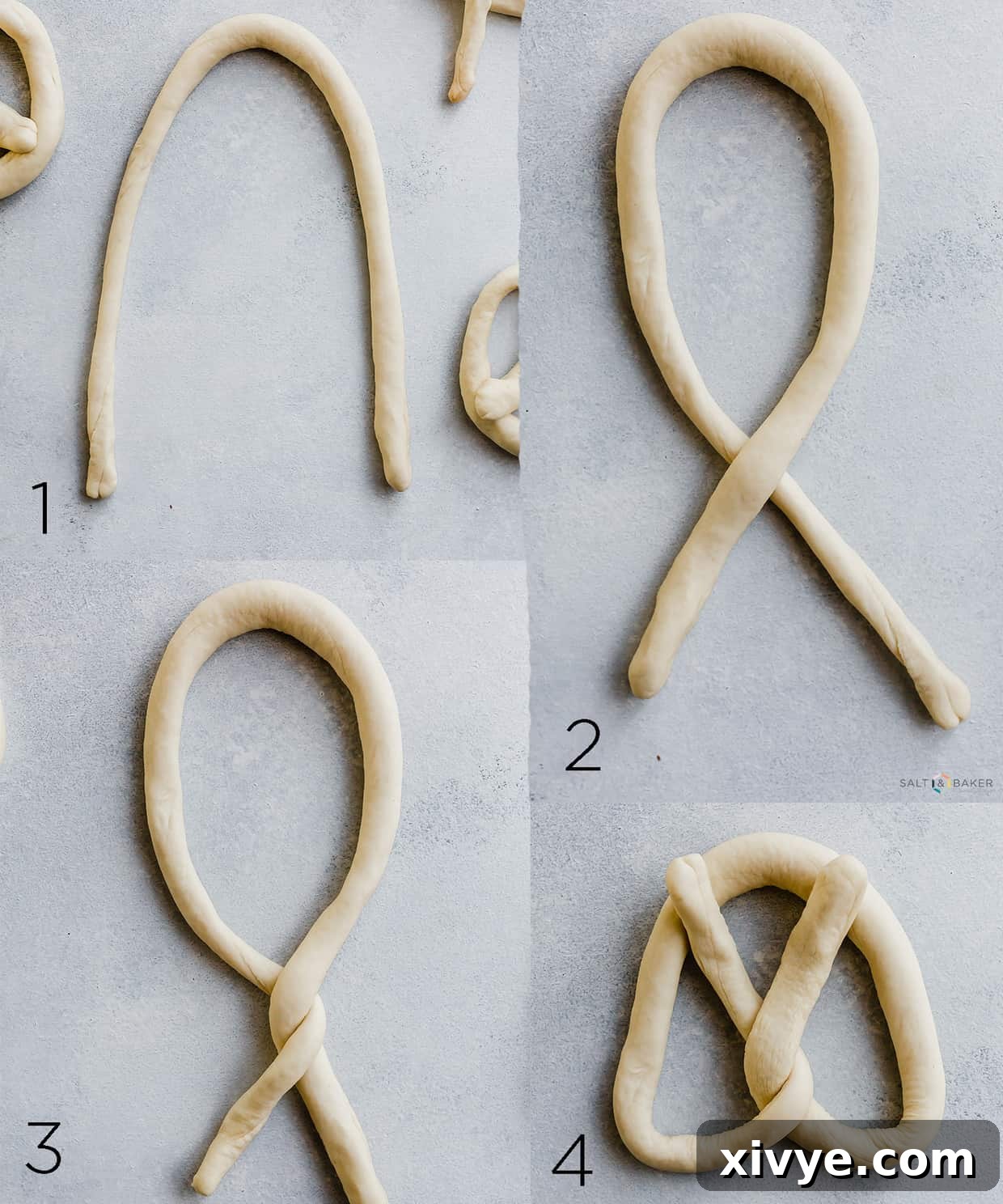 Pillowy Homemade Soft Pretzels 6 A collage of four photos showing the steps it takes to twist a rope of dough into a pretzel.
