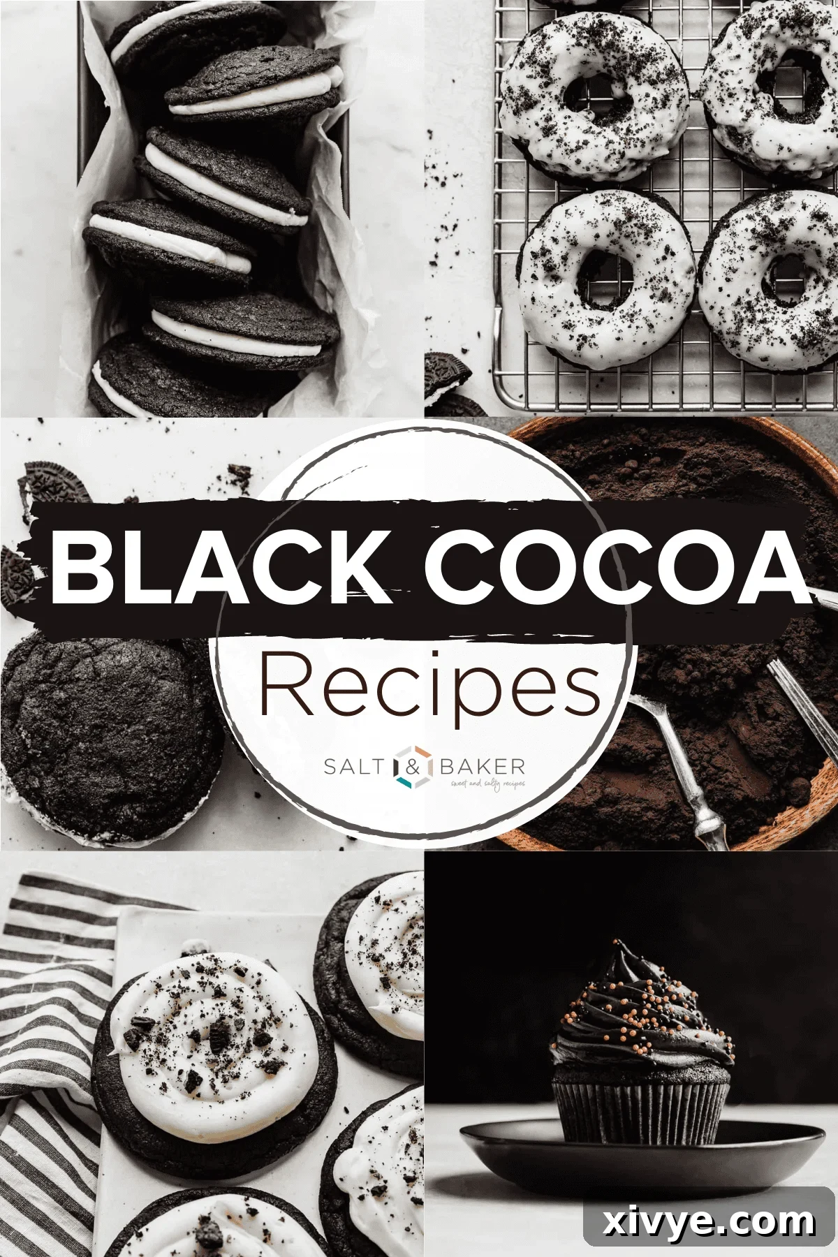 A collection of vibrant images showcasing delicious desserts made with black cocoa powder, including homemade Oreo donuts, classic Oreo sandwich cookies, elegant black velvet cupcakes, and rich black cocoa cookies.