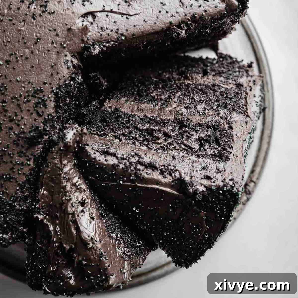 An overhead view of a magnificent Black Velvet Cake, expertly layered and frosted, with a perfect slice gently leaning against the full cake, revealing its dark, moist interior.
