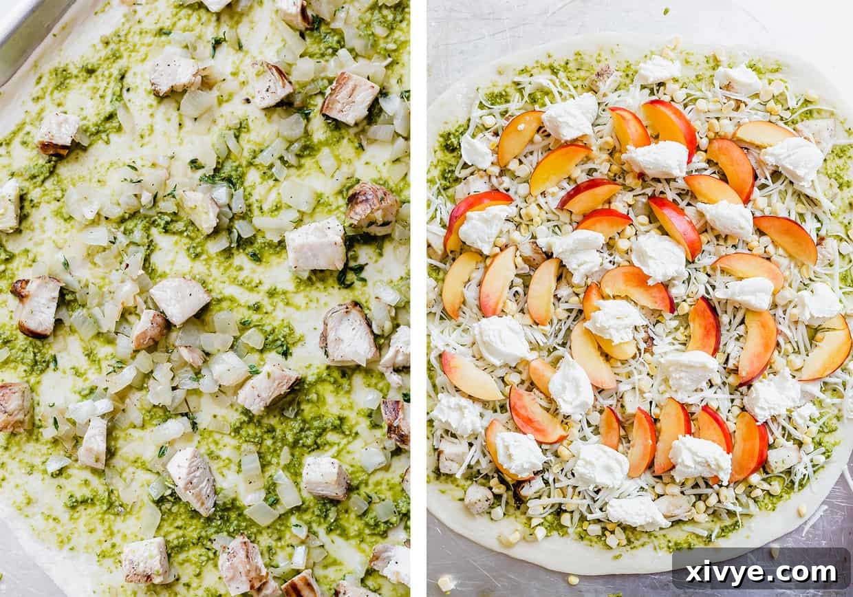 Peppery Rocket Pesto Pizza 5 A two photo collage showing the steps to making nectarine arugula pizza.