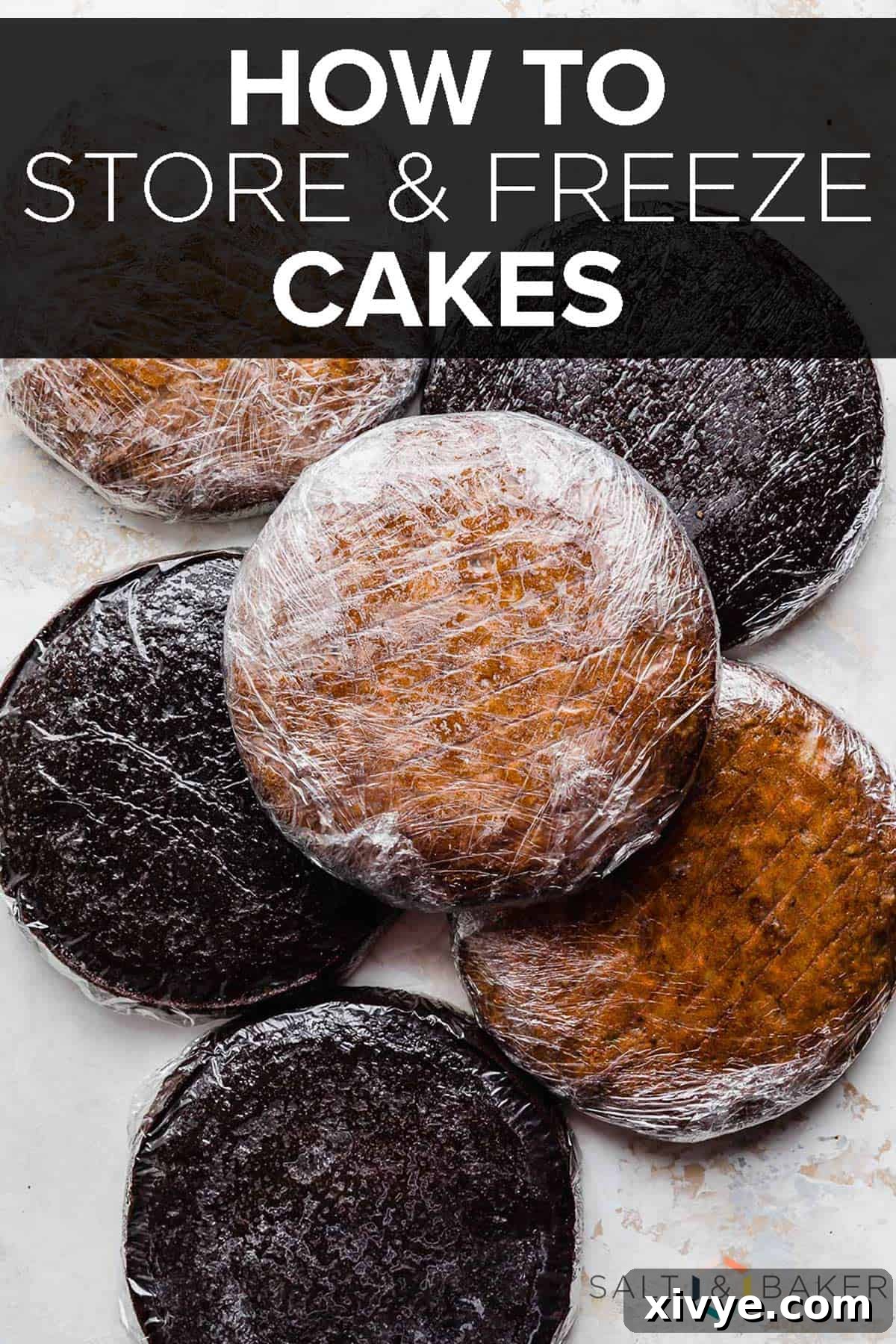 Light brown and dark chocolate baked cake rounds individually wrapped in plastic wrap with a banner of text reading "How to Store and Freeze Cakes."