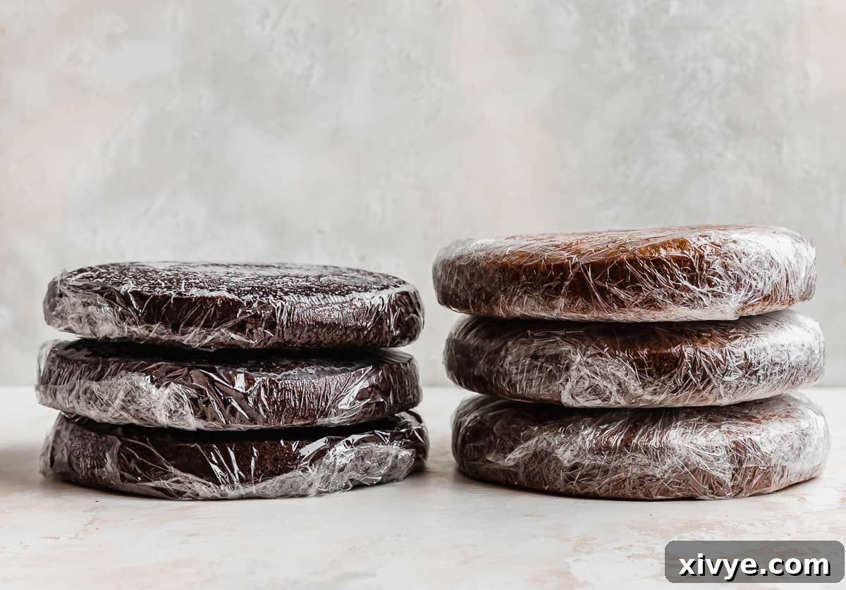 Two stacks of three round cake layers individually wrapped in plastic wrap, against a white textured background.