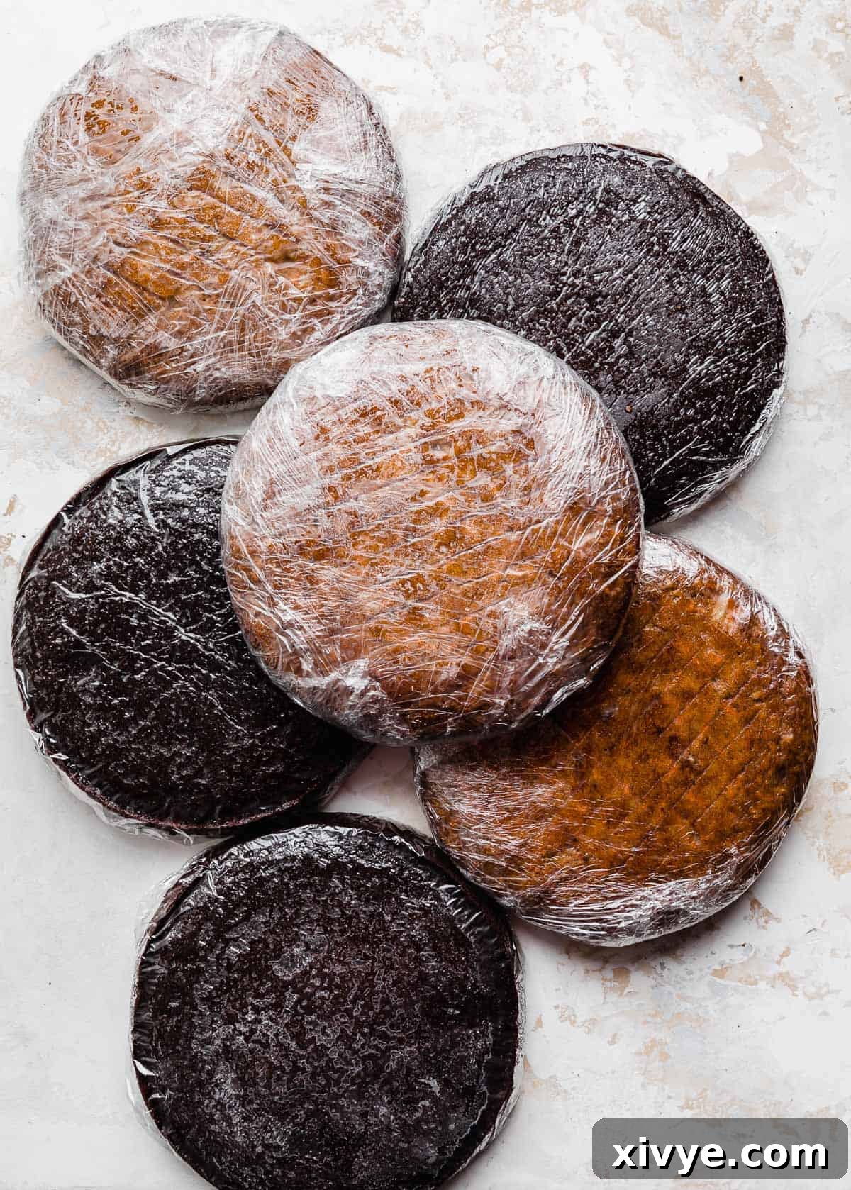 Six round cake layers individually wrapped in plastic wrap on a white background.