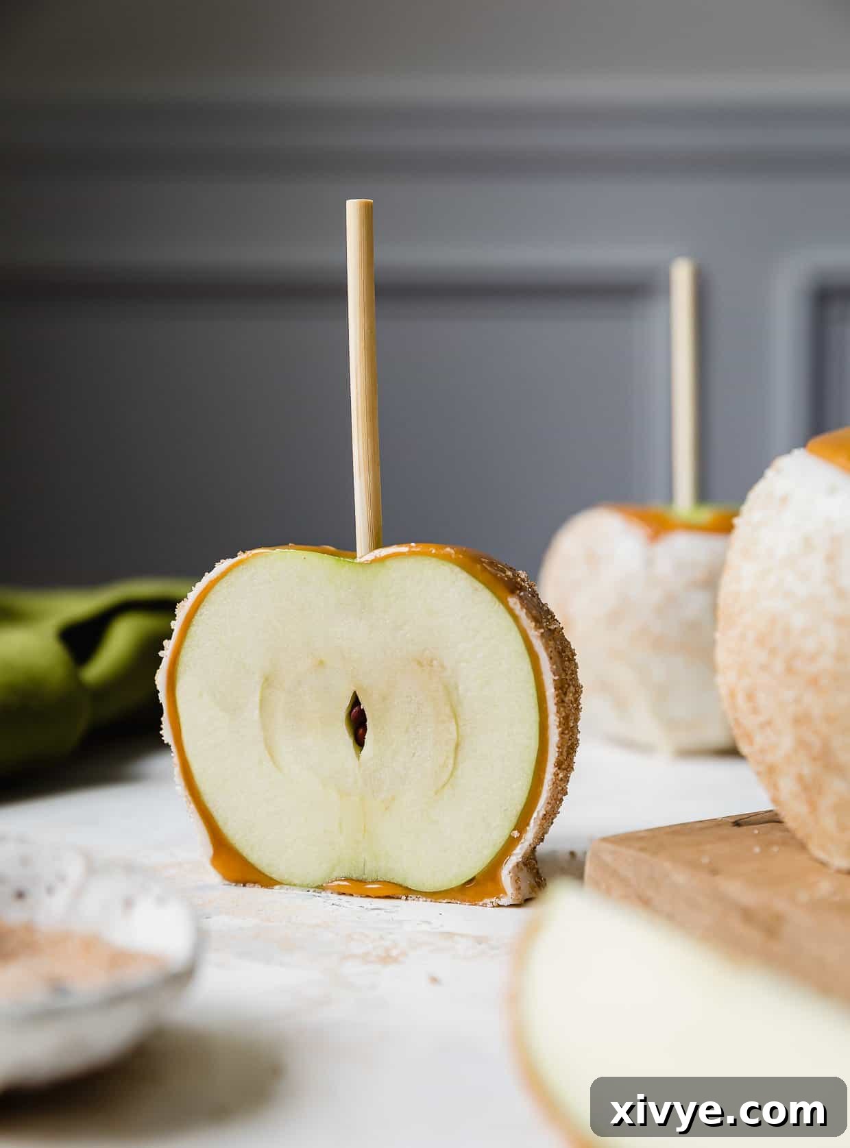 Caramel Apple Pie Fusion 12 A Rocky Mountain Chocolate Factory Apple Pie Caramel Apple cut in half.