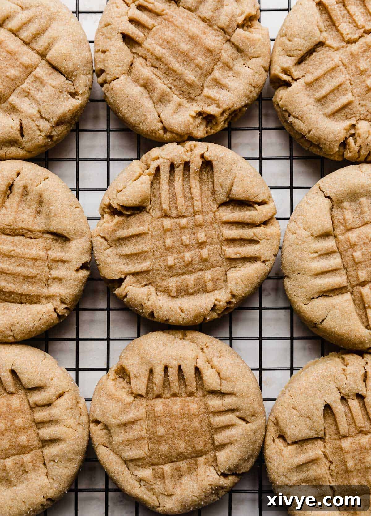 Crumbl's Iconic Peanut Butter Perfection 7 Criss cross imprinted Classic peanut butter cookies lined up on a black wire cooling rack.