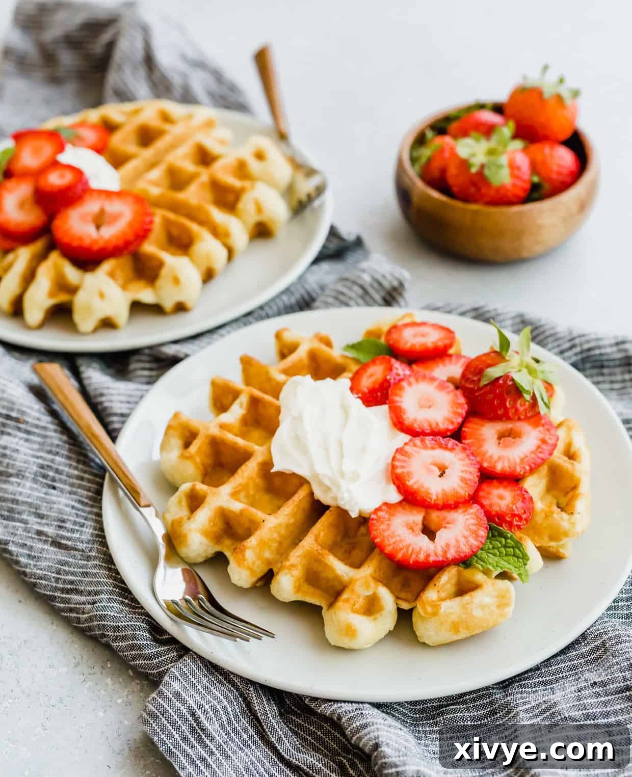 A single buttermilk waffle generously topped with fluffy whipped cream and vibrant chopped strawberries, looking utterly delicious.
