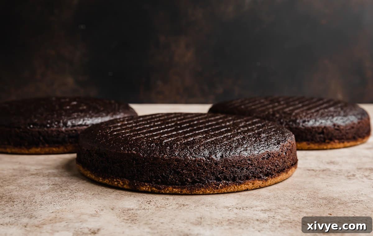 Three chocolate cake layers baked on a graham cracker crust, laying in front of a dark brown background.