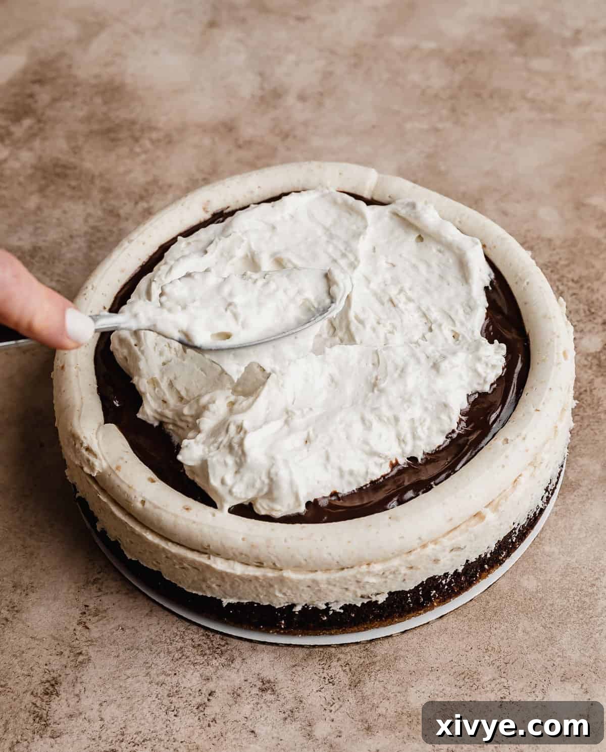 A fluffy marshmallow whipped cream being spread overtop a frosted S'mores Cake layer.