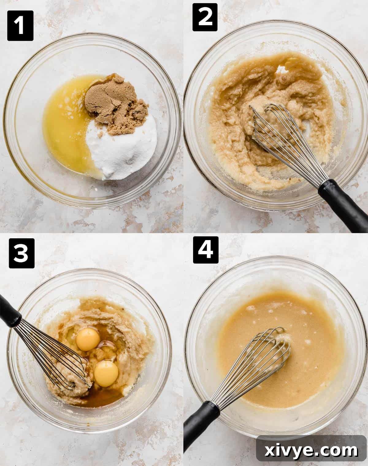 Ultimate Blackout Brownies 4 A four photo collage of making Black Cocoa Brownies: glass bowl with sugar and melted butter, then adding eggs and stirring.