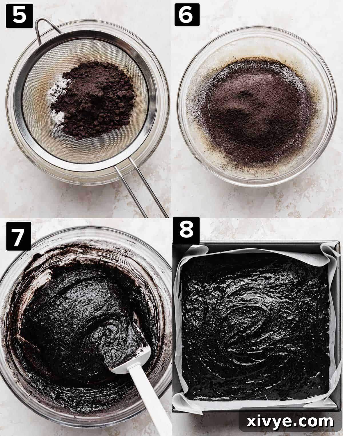 Ultimate Blackout Brownies 5 A four photo collage of making Black Cocoa Brownie batter in a glass bowl.