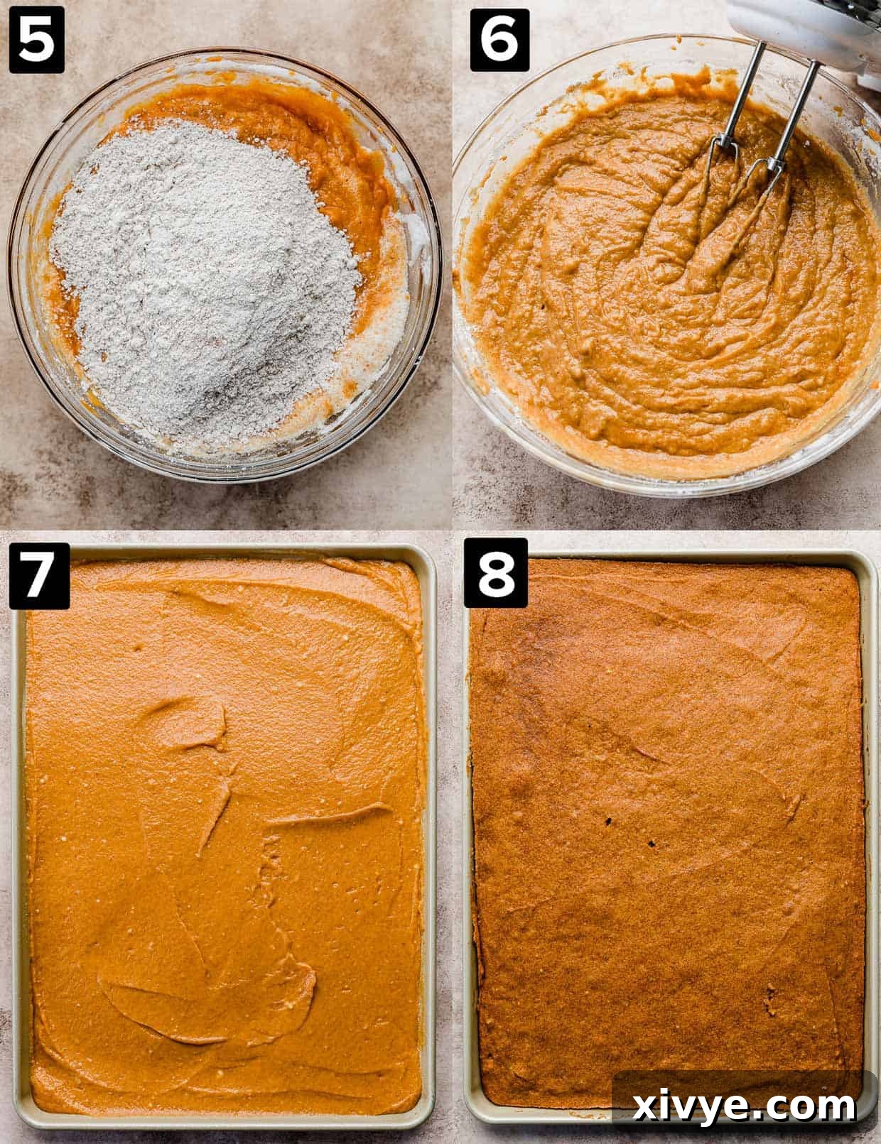 Four photo collage: top left dry ingredients in a glass bowl over pumpkin puree; top right photo is mixing pumpkin sheet cake batter in a bowl, bottom left is a sheet pan with batter in it, and bottom right is baked Pumpkin Bars.