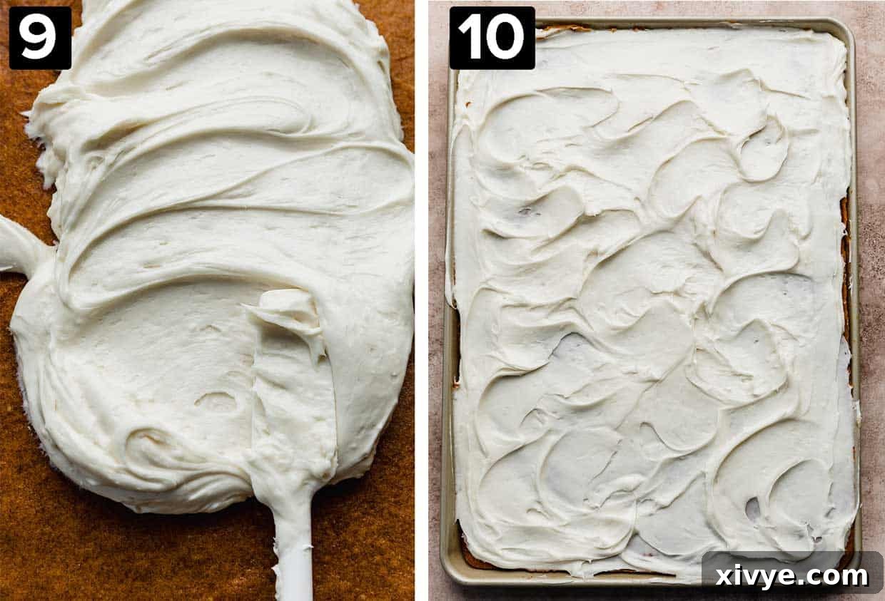Two photos showing the making of pumpkin sheet cake: left photo cream cheese frosting is being spread on a pumpkin bars, right photo is overhead photo of Pumpkin Bars topped with cream cheese frosting.