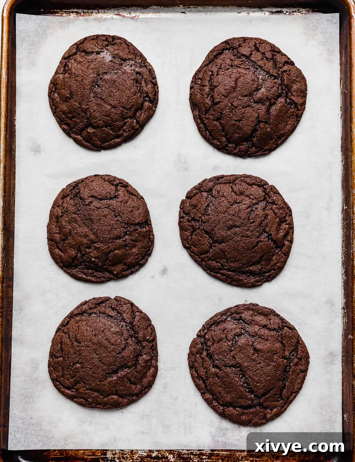 Decadent Mint Brownie Cookie Bliss 6 Six freshly baked chocolate cookies resting on white parchment paper, their edges set and centers soft.