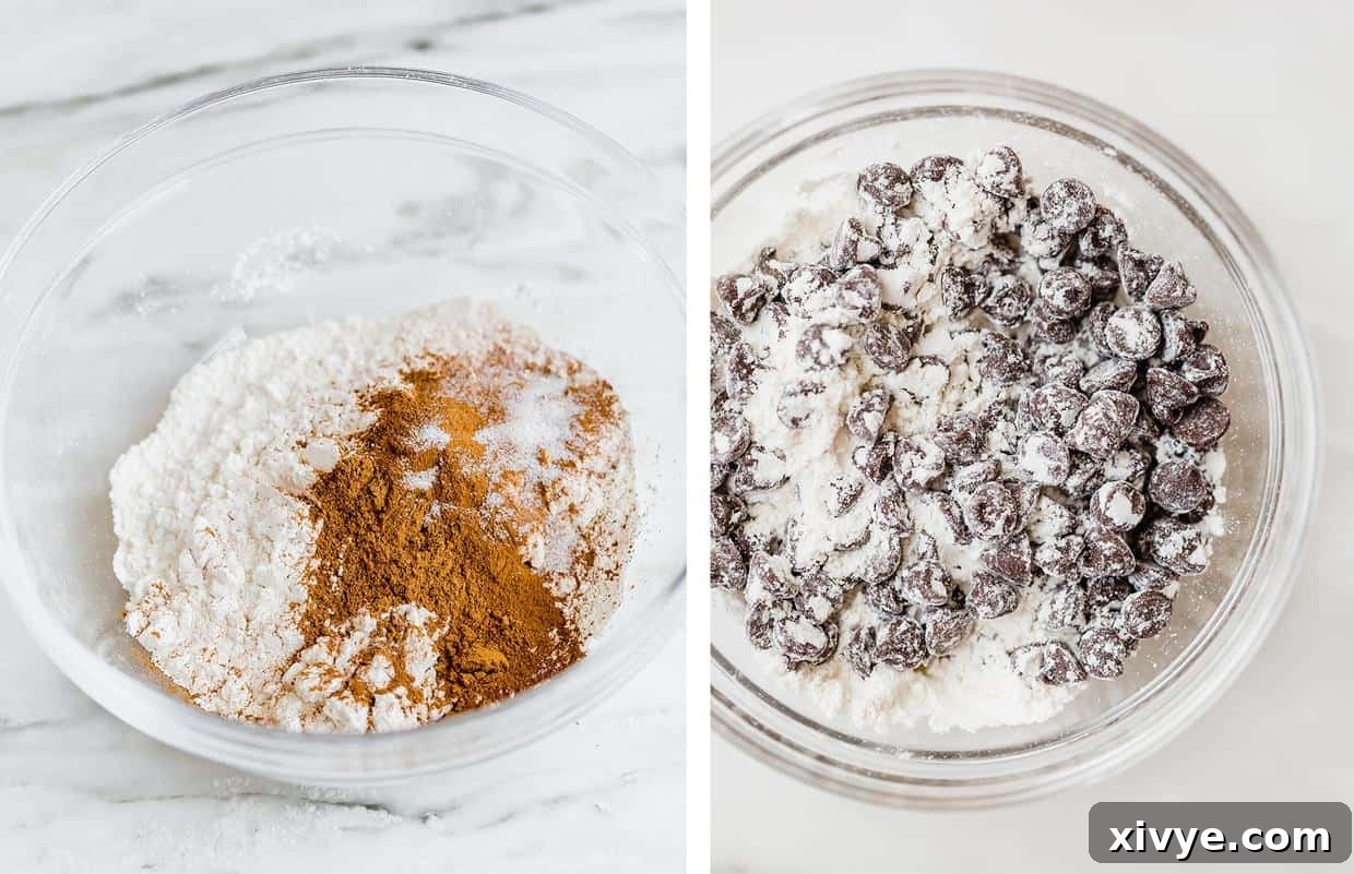 Spiced Pumpkin Chocolate Chip Bread 4 The left photo shows a glass bowl with the dry ingredients. Right photo is a glass bowl with flour and chocolate chips.