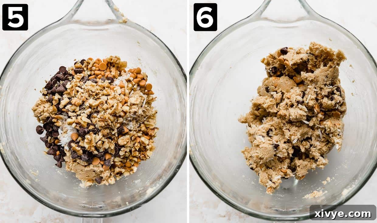 Irresistible Seven-Layer Bars 5 Two photos side by side, left photo has walnuts, coconut, and baking chips in a mixing bowl, and the left photo is 7 Layer Bar Cookie dough in a mixing bowl.