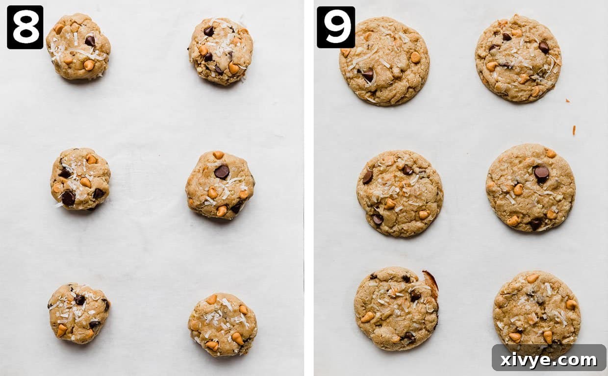 Irresistible Seven-Layer Bars 7 Two photos: left photo has six raw 7 Layer Bar Cookie dough balls on a white baking sheet, right photo has six baked 7 Layer Bar Cookies on a baking sheet.
