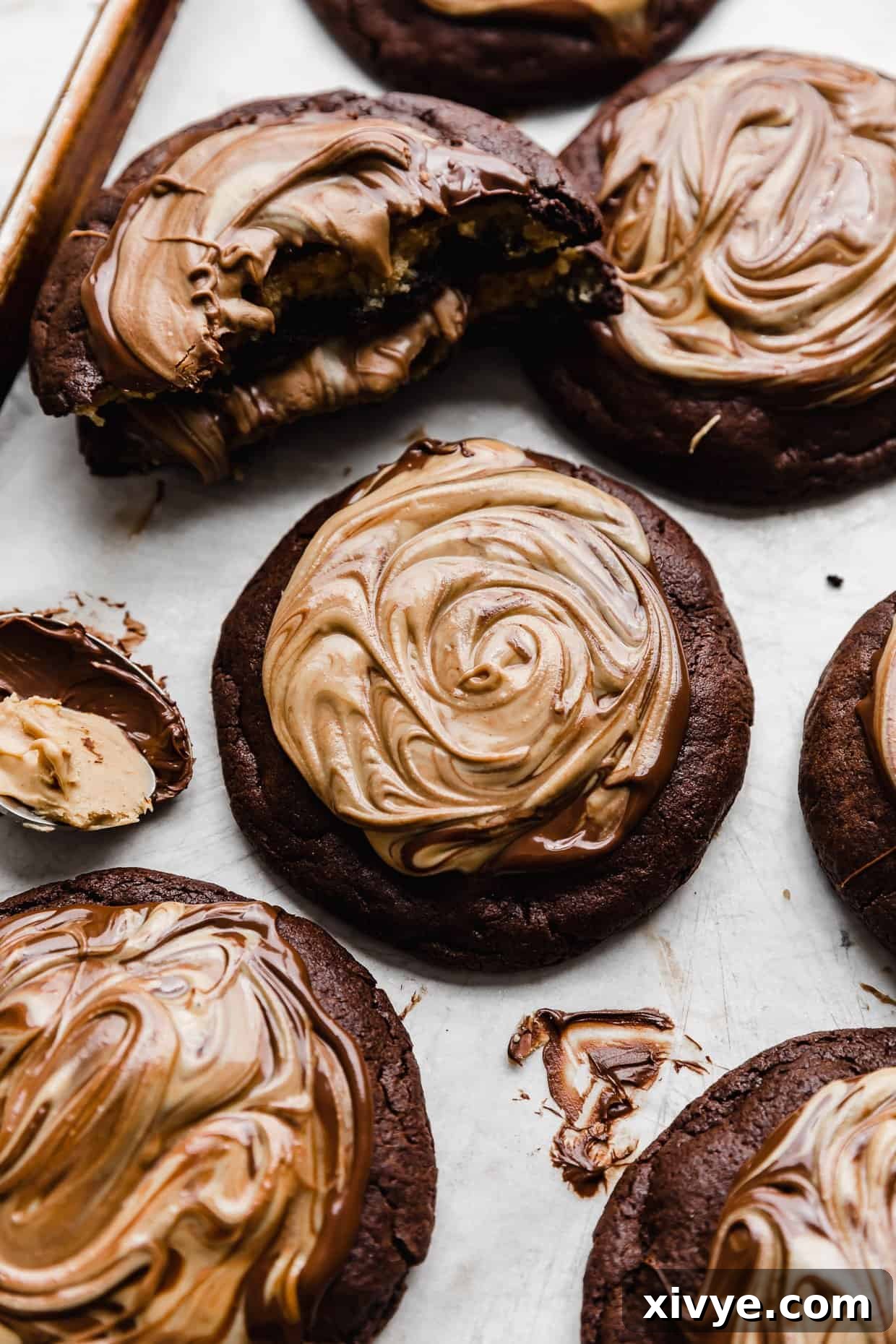 Fudgy Peanut Butter Brownie Cookies 2 Chocolate and peanut butter swirled on top of a brownie cookie.