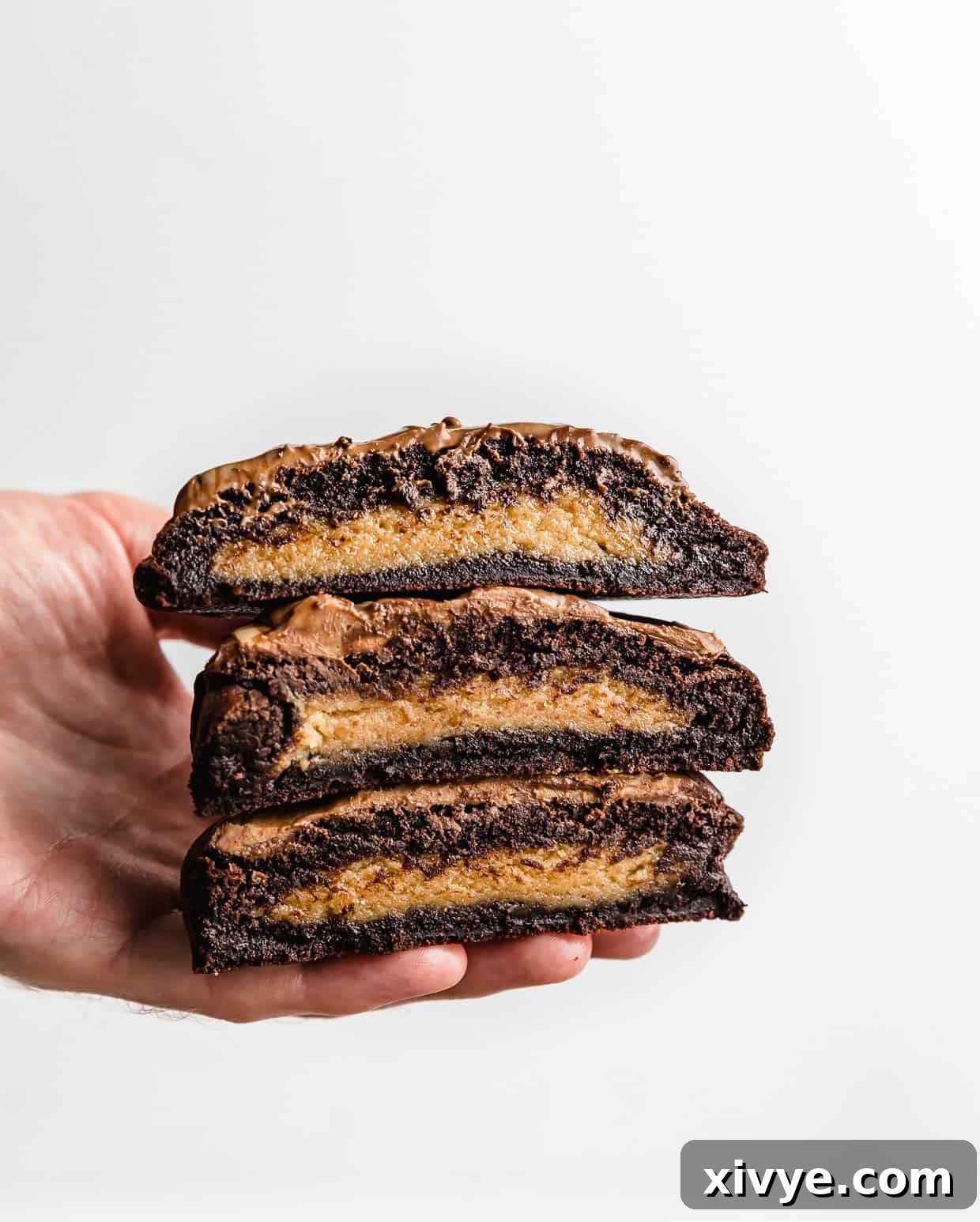 Fudgy Peanut Butter Brownie Cookies 13 A hand holding Peanut Butter Brownie Cookies against a white background.