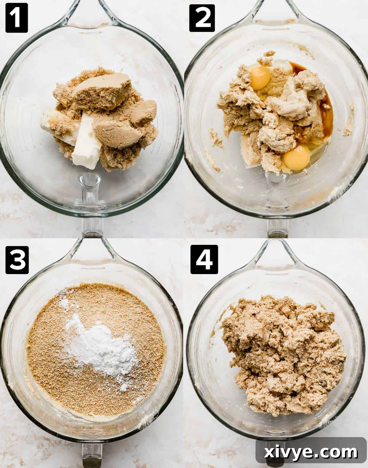Four photos showing the process to make Graham Cracker Cookies using a glass mixing bowl.