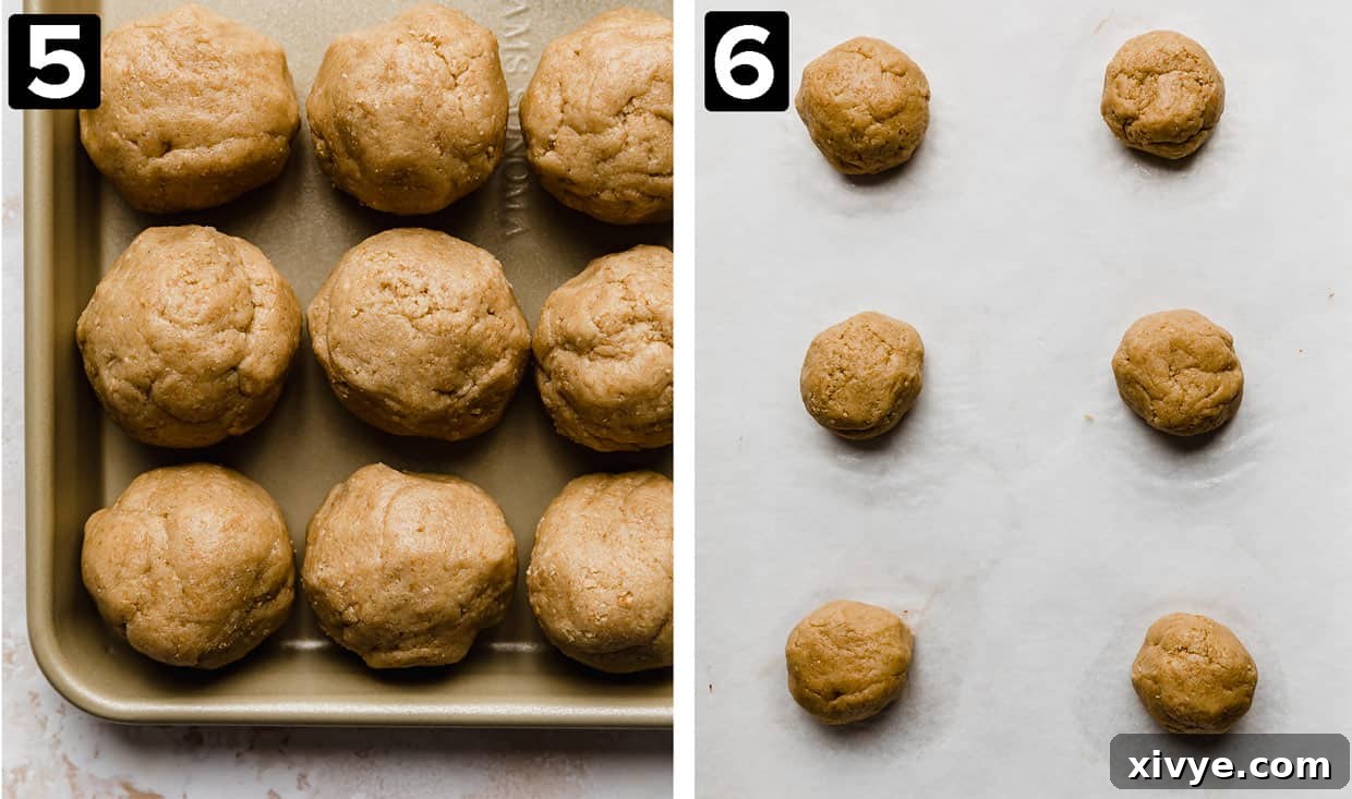 Two photos: left is Graham Cracker Cookie dough balls on a bronze baking sheet, right photo shows six dough balls on a white parchment paper.