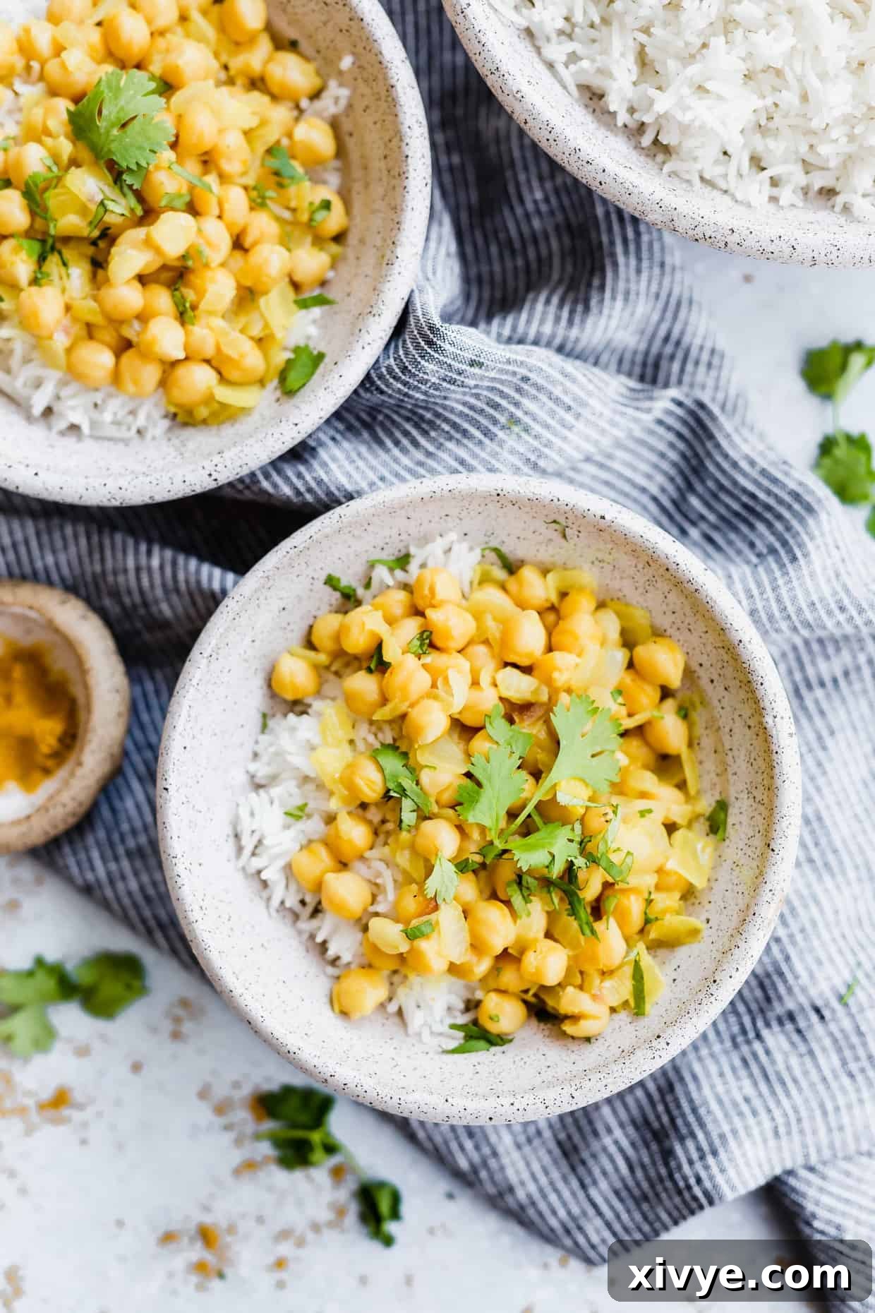 Two bowls of vibrant chickpea curry served over fluffy rice, garnished with fresh cilantro, ready to be enjoyed.