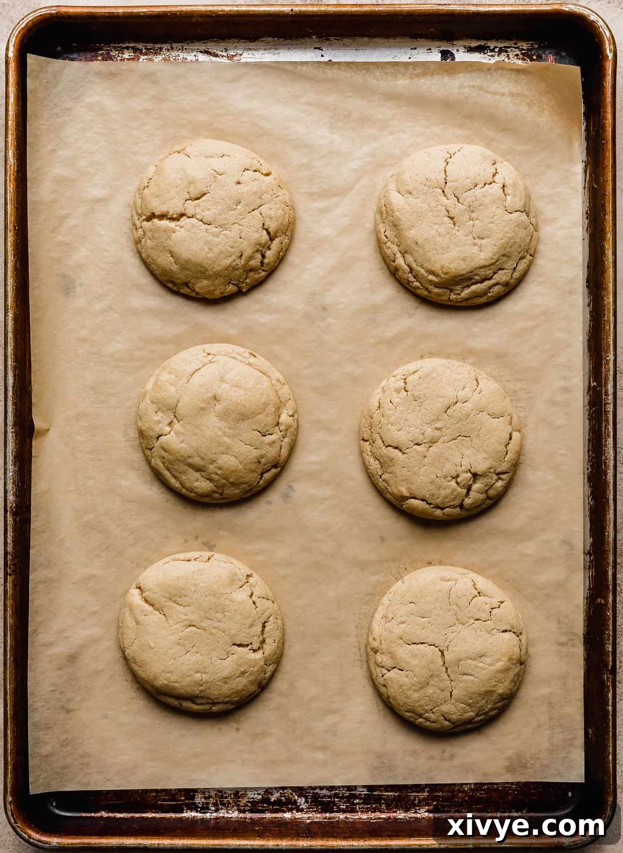 Six freshly baked peanut butter cookies on a tan parchment paper lined baking sheet, with delightful crackled tops.