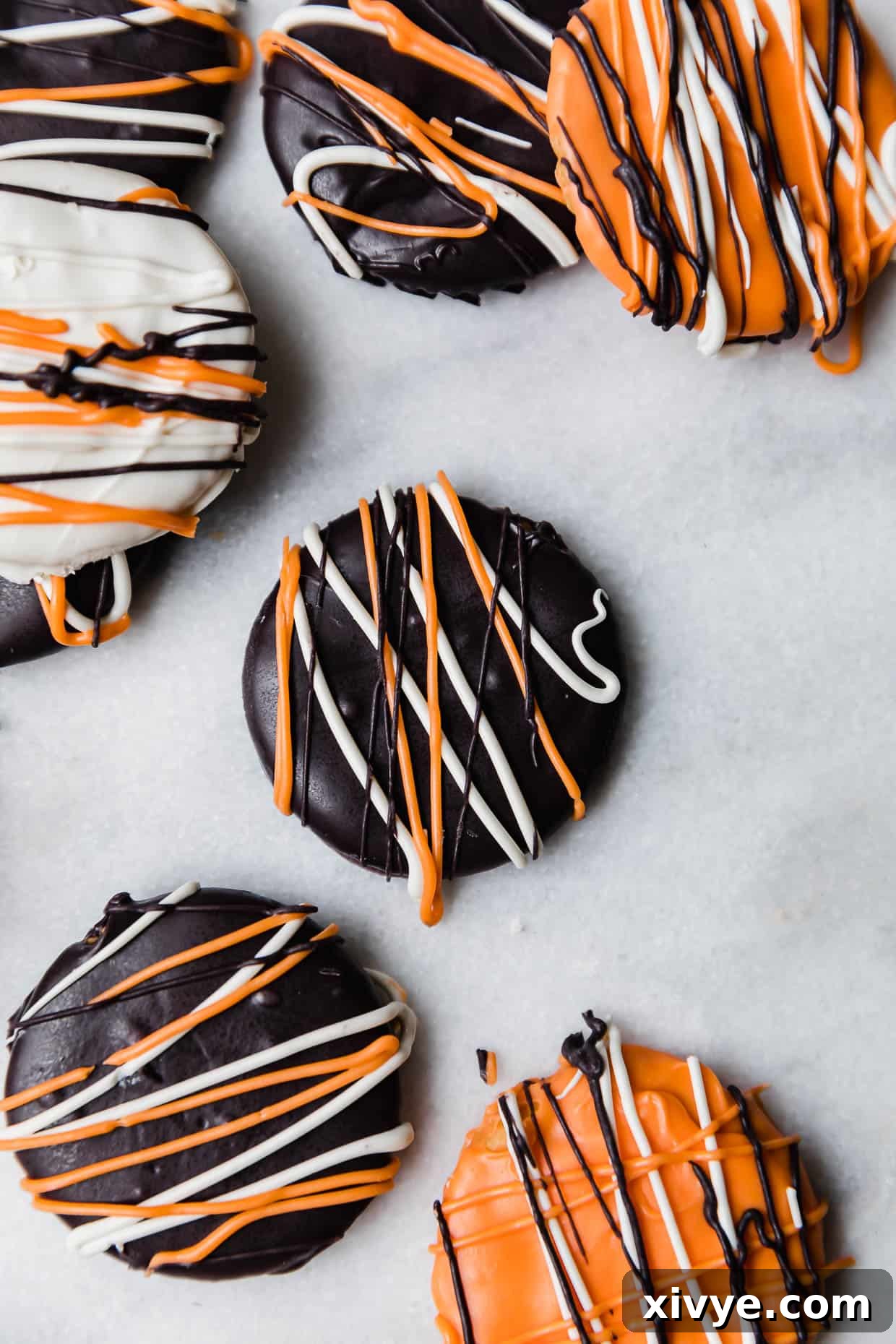 Halloween Crackers on a white marble background.