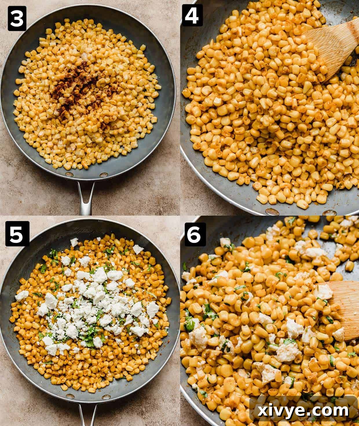 Golden Corn Sticks 5 Four illustrative photos demonstrating the process of making Mexican Street Corn: corn cooking in a skillet, being mixed with spices, adding cheese and cilantro, and the final combined mixture.