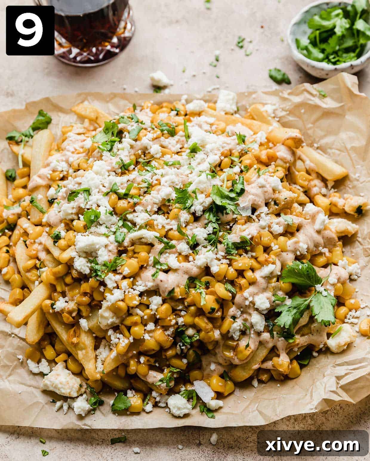 Golden Corn Sticks 8 Fully assembled Corn Fries, beautifully topped with a rich Mexican Street Corn Crema, fresh cilantro, and crumbled cheese.