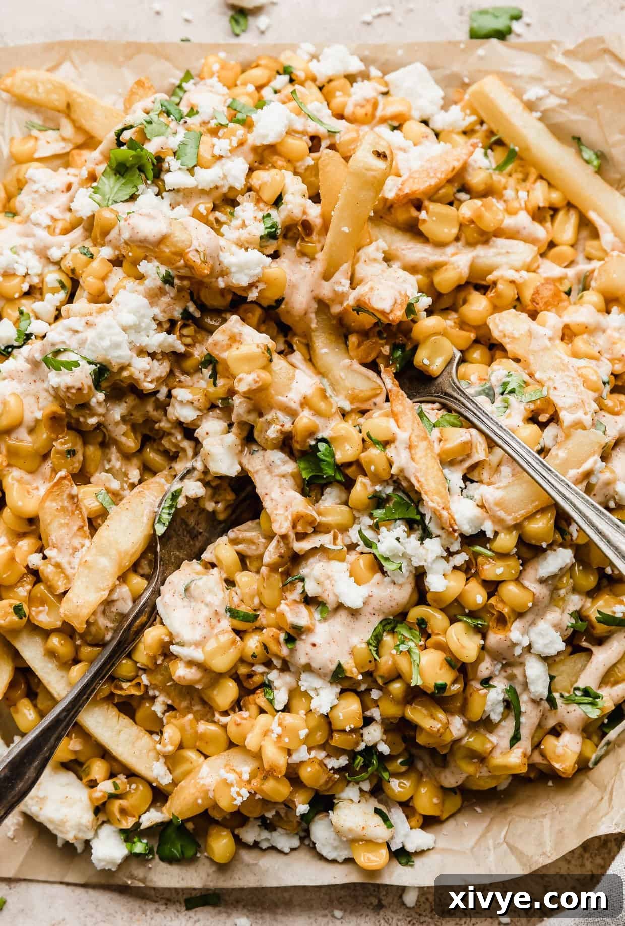 Golden Corn Sticks 10 Two forks delving into a generous serving of Corn Fries, highlighting the rich layers of topping.