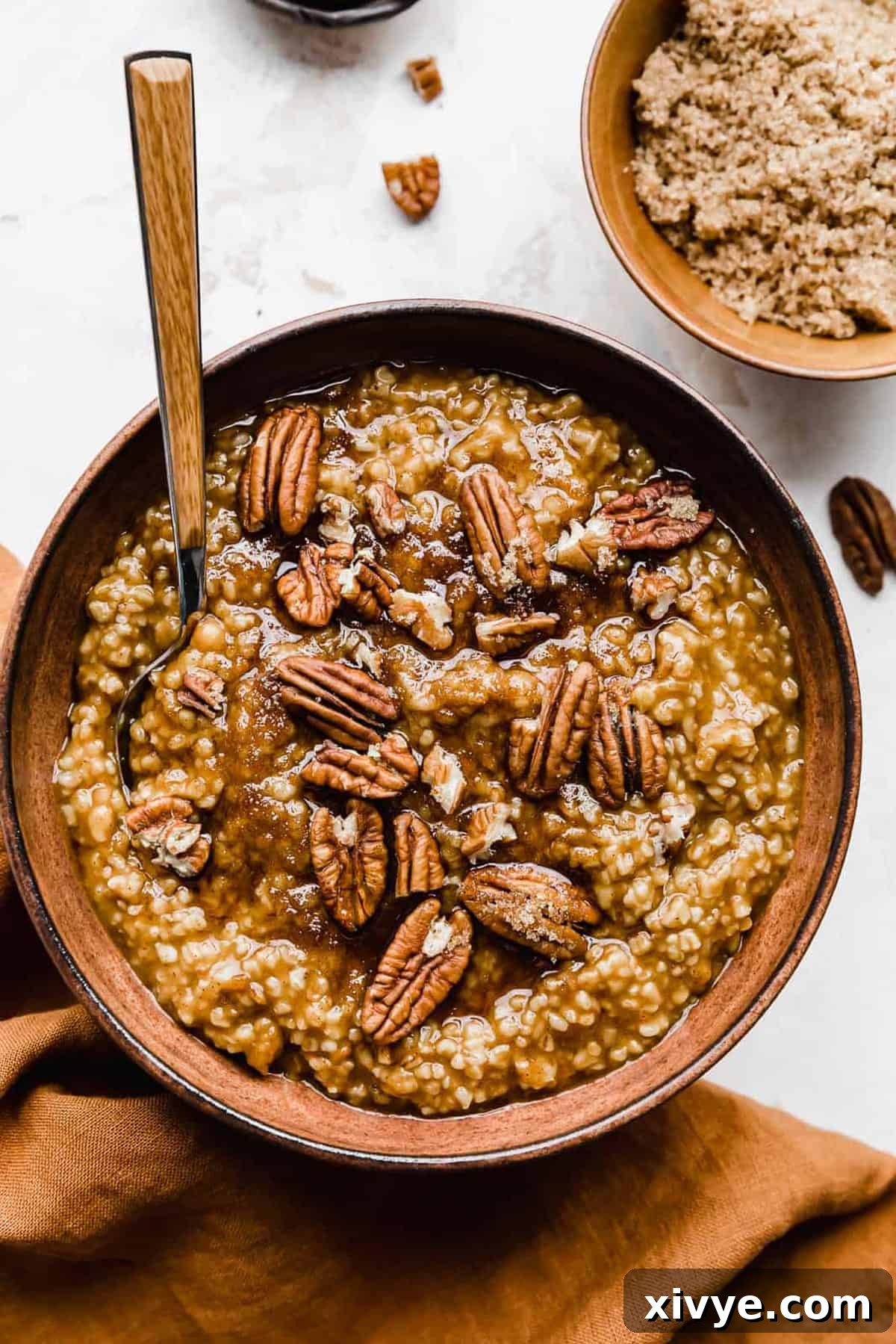 Spiced Pumpkin Steel Cut Oats 9 Pumpkin Steel Cut Oats in a brown bowl topped with pecans and brown sugar.