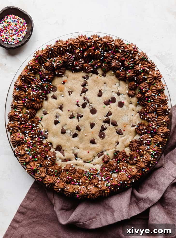 Ultimate Chocolate Chip Cookie Cake 9 A Chewy Chocolate Chip Cookie Cake Recipe in a pie plate with chocolate frosting along the perimeter.