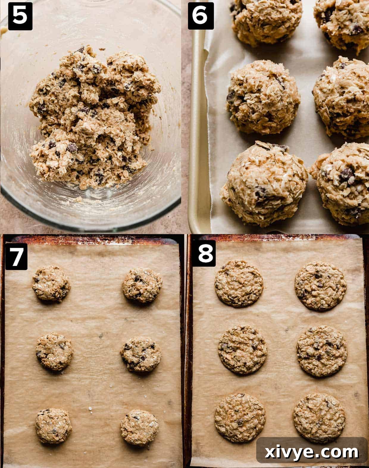 Crumbl Mom's recipe cookie dough batter in cookie dough balls on a baking sheet, and then baked cookies.