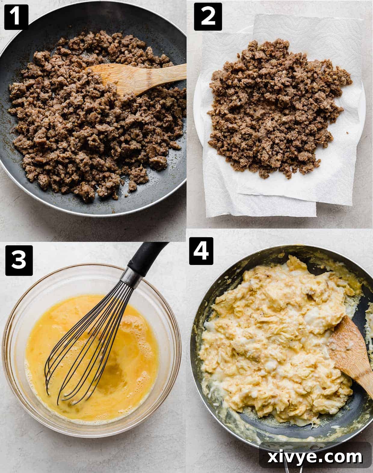 A collage of four images demonstrating the process of making Jimmy Dean Breakfast Burritos: browning sausage in a skillet, cooked sausage on a plate, whisking eggs in a bowl, and cooking fluffy eggs in a skillet.