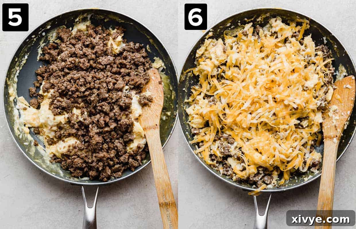 Two side-by-side photos illustrating the final stages of making Jimmy Dean Breakfast Burritos: one shows the cooked sausage and eggs mixed in a skillet, and the other shows shredded cheese melting over the top.