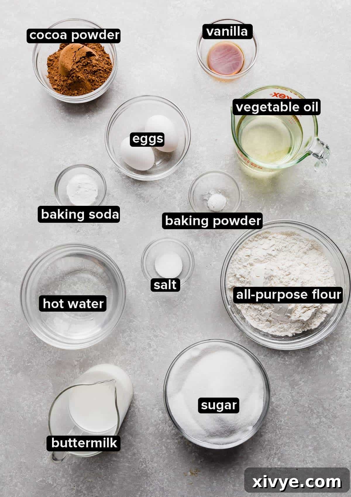 Spellbinding Harry Potter Birthday Delight 3 Ingredients used to make a chocolate cake portioned into glass bowls on a white background.