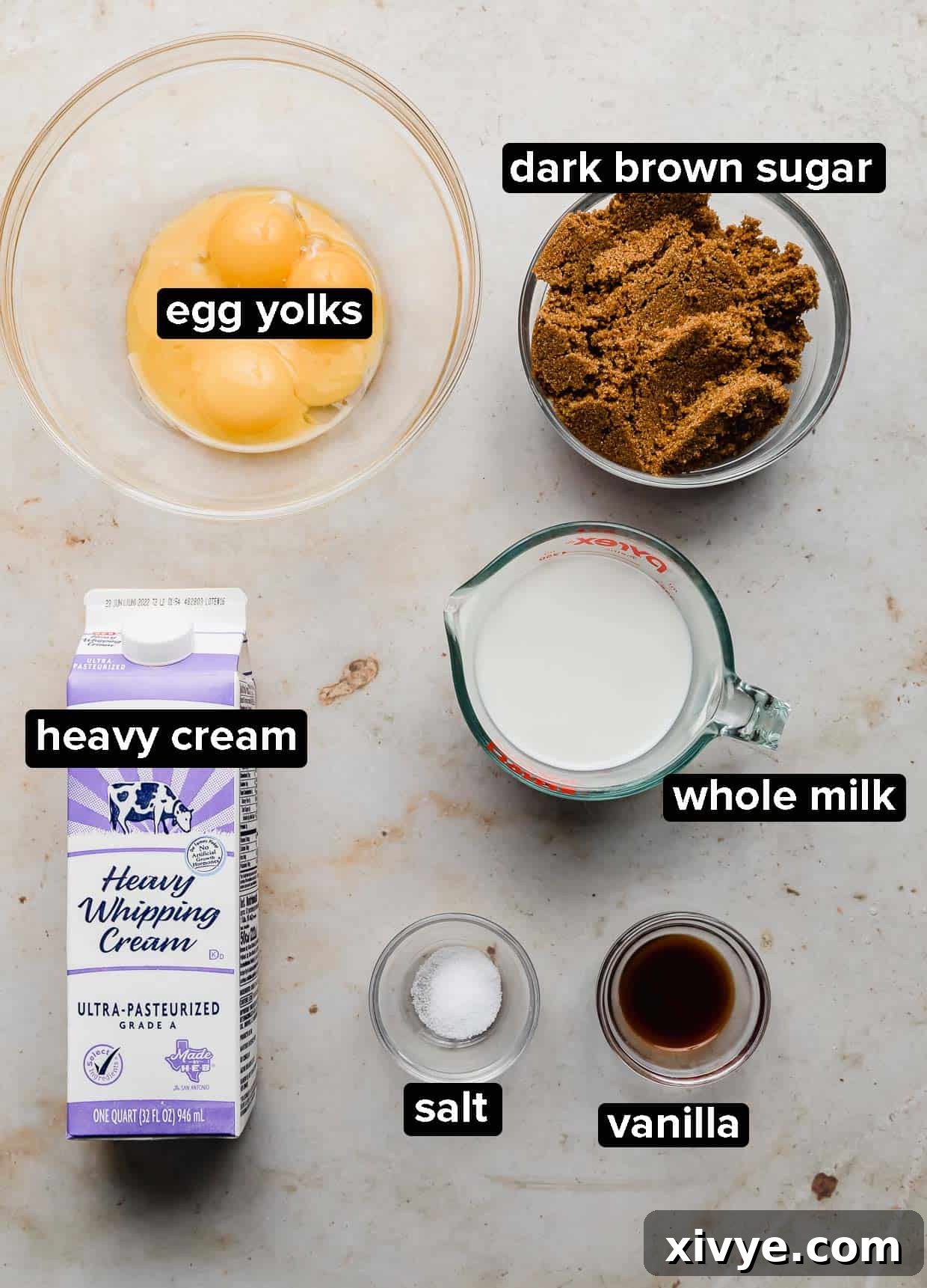 Velvet Butterscotch Indulgence 3 Butterscotch Ice Cream ingredients on a tan textured background.