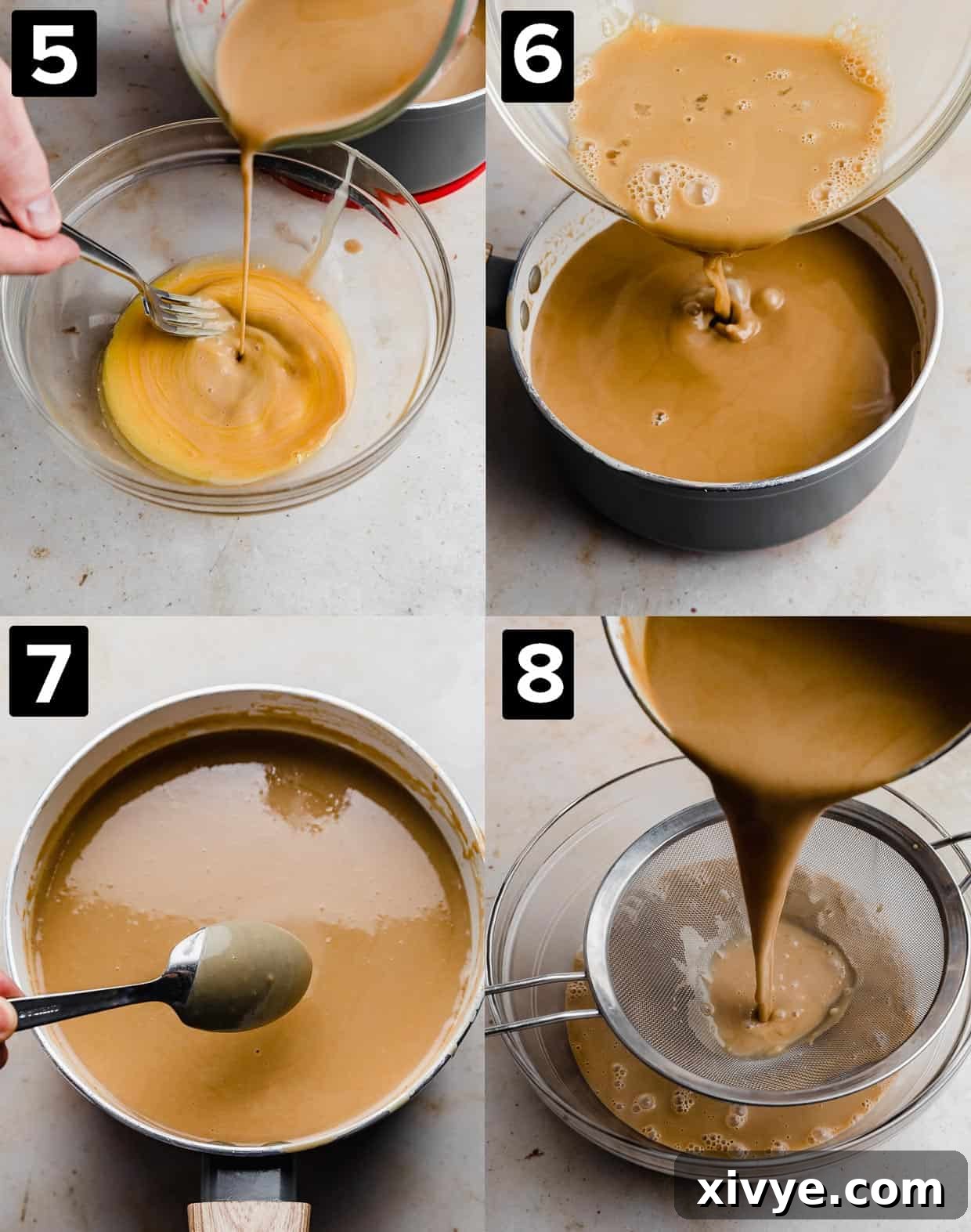 Velvet Butterscotch Indulgence 5 Four photos illustrating how to make Butterscotch Ice Cream: tan custard mixture being poured into egg yolks, and through a strainer.