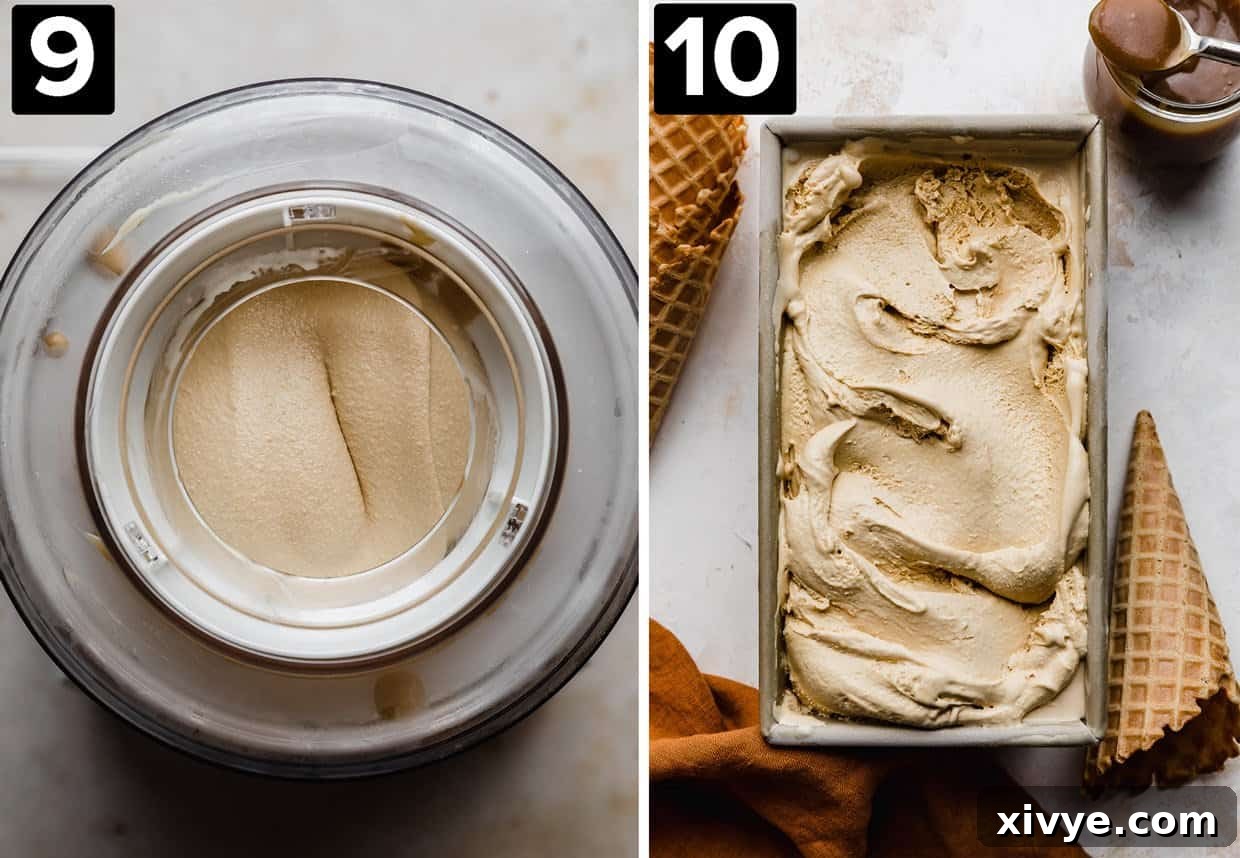 Velvet Butterscotch Indulgence 6 Two photos: left is Butterscotch Ice Cream in an ice cream maker, right has Butterscotch Ice Cream in a rectangle pan.