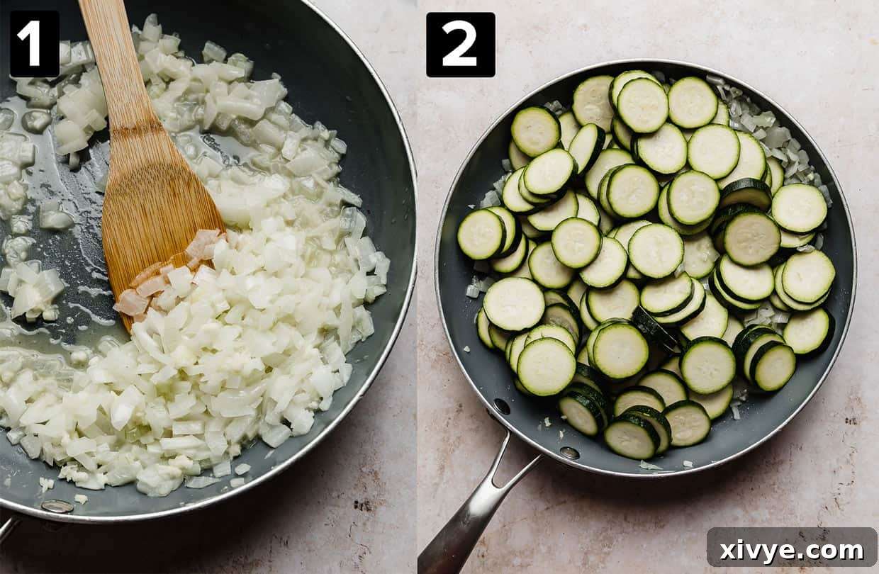 Two images showing how to make Pasta with Zucchini and Ricotta: left has cooked translucent onions in a skillet, right image has zucchini coins lightly sautéed in a skillet.