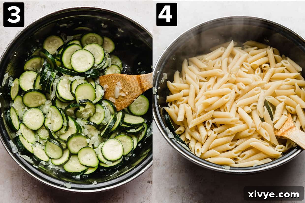 Two photos side by side: left shows cooked zucchini in a pot, and cooked penne pasta being added to the pot with the zucchini.