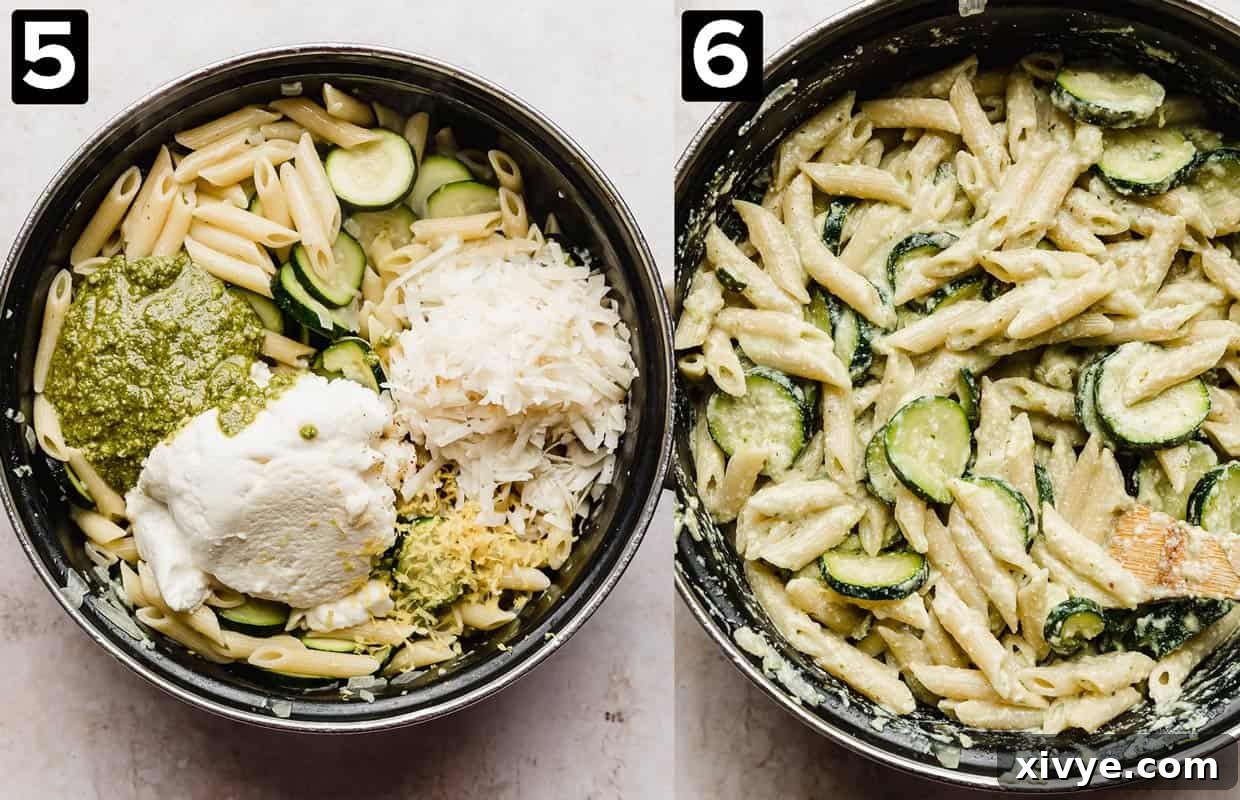 Two images side by side: left shows ricotta cheese, basil pesto, and parmesan cheese being added over noodles, the right shows the finished Ricotta Pesto Pasta with Zucchini mixed together and looking creamy.