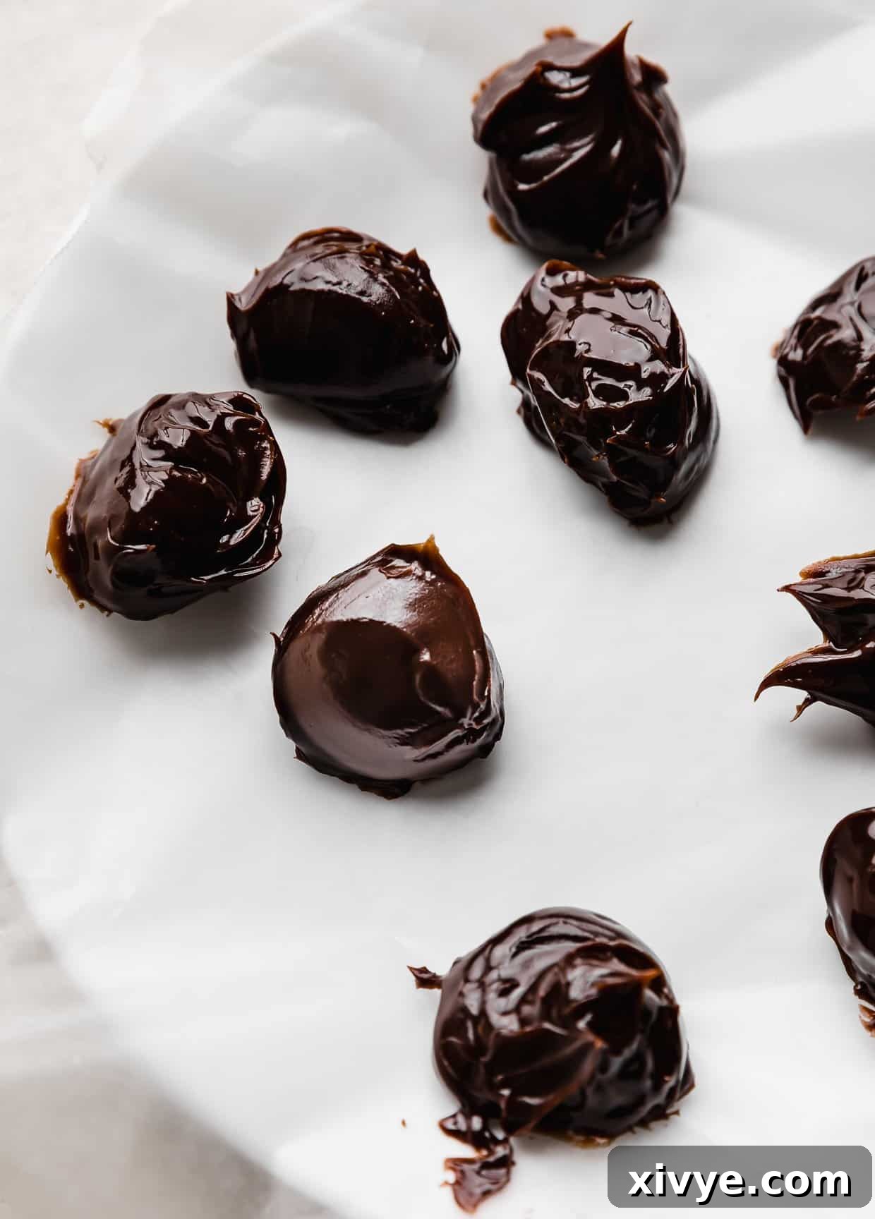Tablespoons of hot fudge sauce on a white plate, frozen solid.
