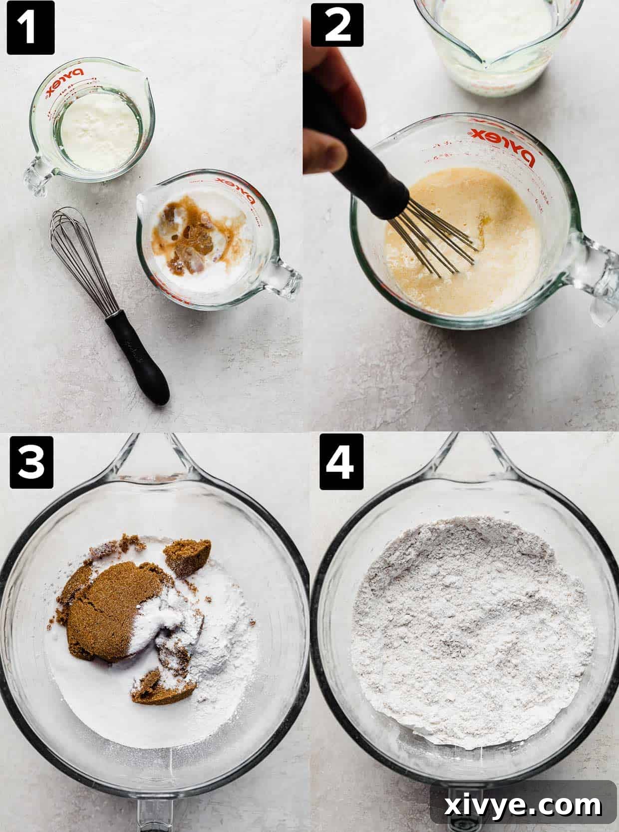 Four photos showing the making of a Butterscotch Cake, a glass bowl with dry ingredients, and liquid glass bowl with buttermilk in it.