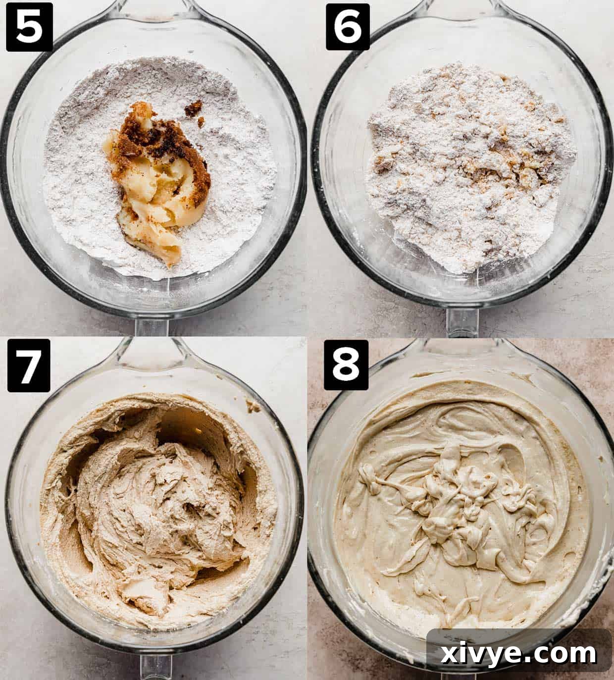 Four photos showing a glass mixing bowl with dry ingredients, mixed together, cake batter, and the final Butterscotch Cake batter.