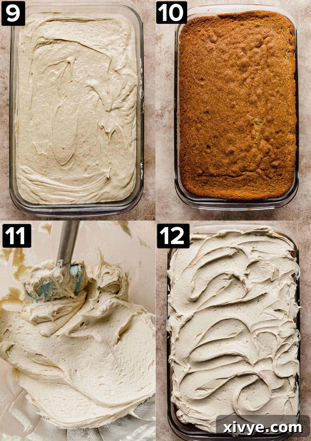 Four photos with the top two photos with Butterscotch Cake batter in a baking dish, the right photo with baked Butterscotch Cake, bottom left photo is Butterscotch frosting, and bottom right has Butterscotch frosting over Butterscotch Cake.